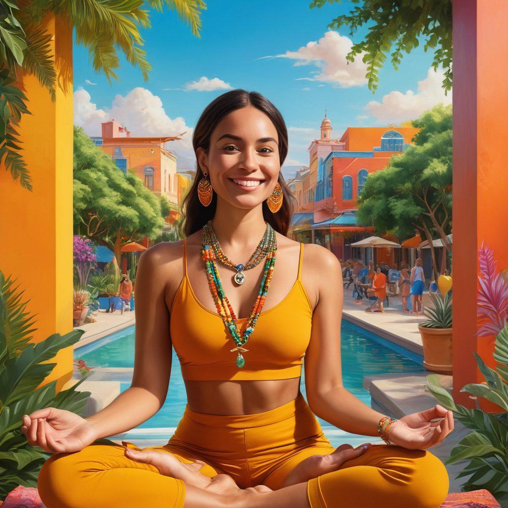 A vibrant community scene showcasing diverse individuals wearing stylish, handcrafted jewelry, engaging in various wellness activities such as yoga and meditation. The backdrop features lush greenery and colorful murals symbolizing unity and joy. Bright smiles and warm interactions highlight the theme of wellbeing and empowerment. The jewelry should be intricately designed, catching the light in a captivating manner. vibrant colors. super-realistic. upbeat atmosphere.