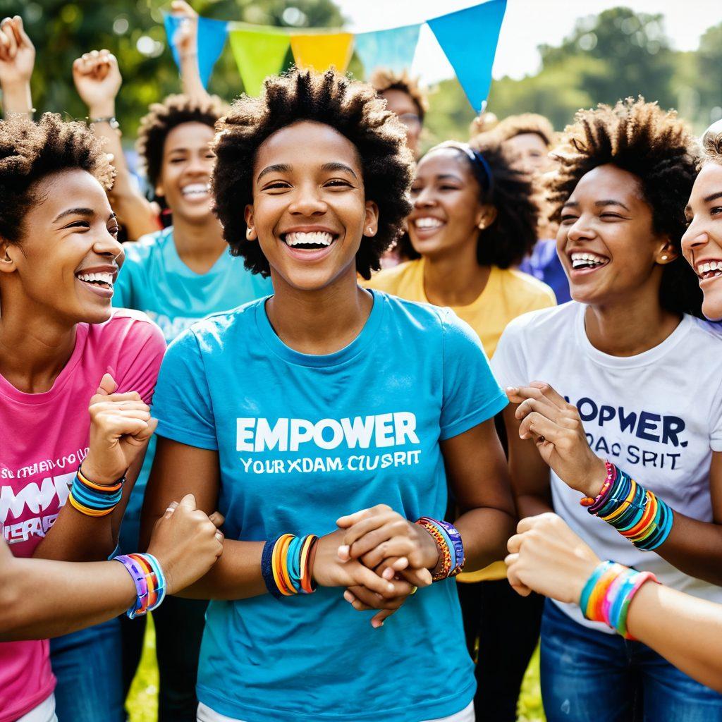 A vibrant community gathering outdoors with people of diverse backgrounds wearing colorful hero wristbands, smiling and laughing together. In the background, a banner reads 'Empower Your Spirit'. Focus on a child raising their hand in joy, showing off their wristband, with joyous activities happening around. Bright and uplifting atmosphere showcasing unity, support, and positivity. super-realistic. vibrant colors. cheerful mood.