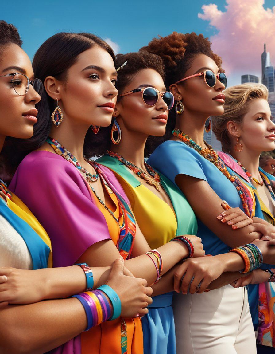 A vibrant and inspirational scene featuring a diverse group of individuals proudly wearing colorful hero armbands, each showcasing unique designs symbolizing empowerment and philanthropy. The background includes elements of fashion, such as chic clothing and accessories, with a cityscape showcasing community spirit. Bright and uplifting colors create an atmosphere of celebration and unity. super-realistic. vibrant colors. 3D.